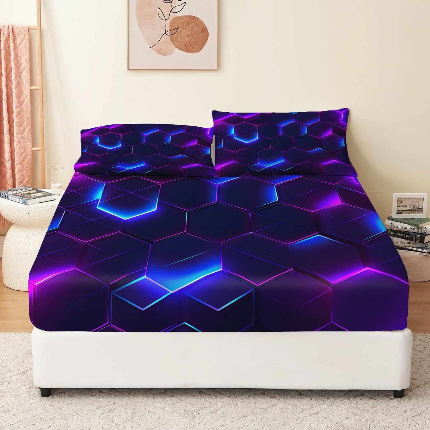 Biancheria da letto comfort, sfondo esagonale scuro, lenzuolo doppio stampato in 3 pezzi con 2 federe, lenzuola in tessuto viola extra morbido in microfibra spazzolata 160 x 200 + 30 cm