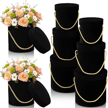 Uiifan 6 Pcs Velvet Round Flower Box with Lids Velvet Nesting Gifts Box with Handle for Mothers Day Wedding Holiday Luxury Flower Gift Arrangement Bridesmaid Birthday Party FavorBlack