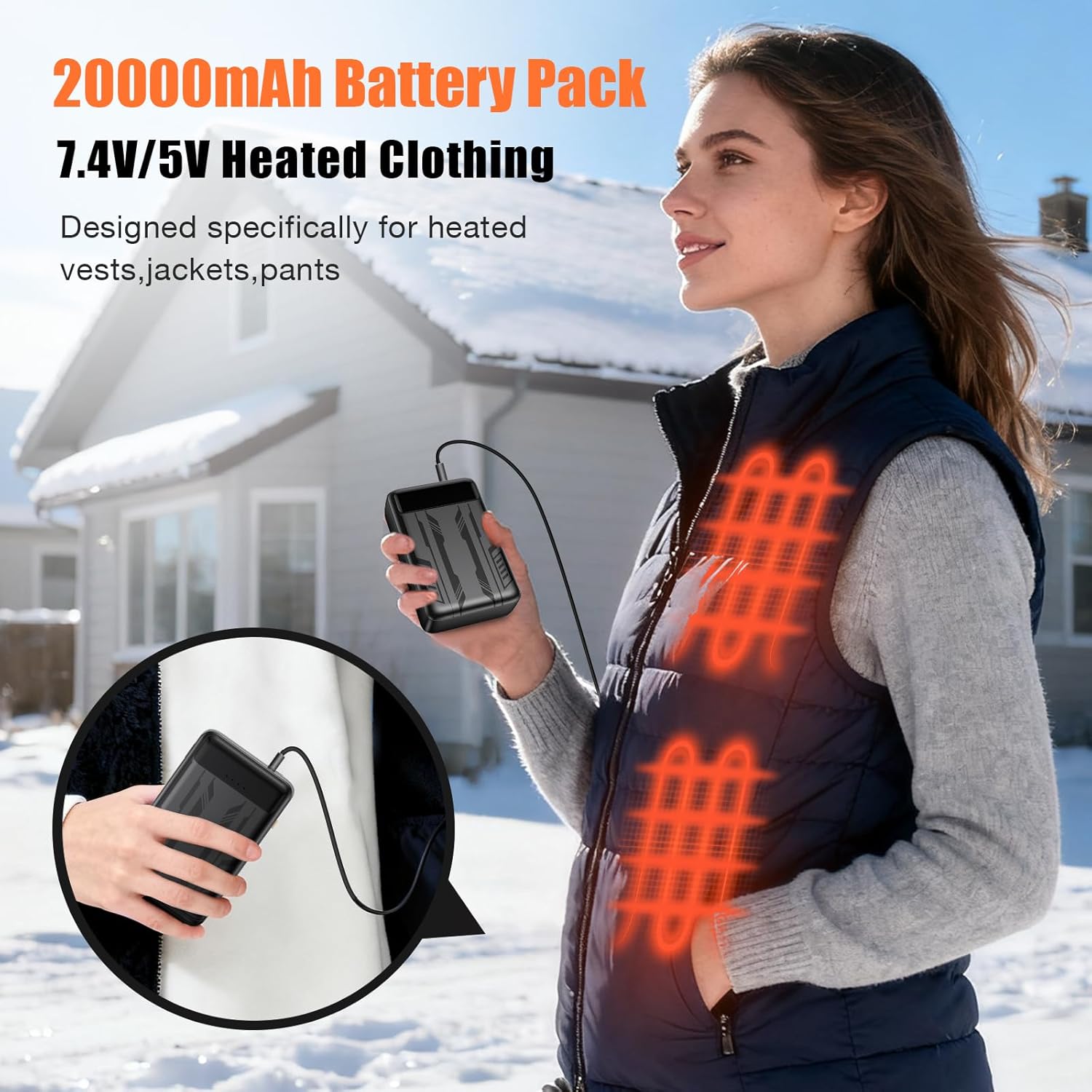 7.4V 5V 20000mah Battery Pack for Heated Veats Jackets for ORORO, Venustas, Rechargeable Power Bank Battery Pack for Heating Vests Jackets Hoodies Pants Coat Suit with DC Port for Men Women - Image 3