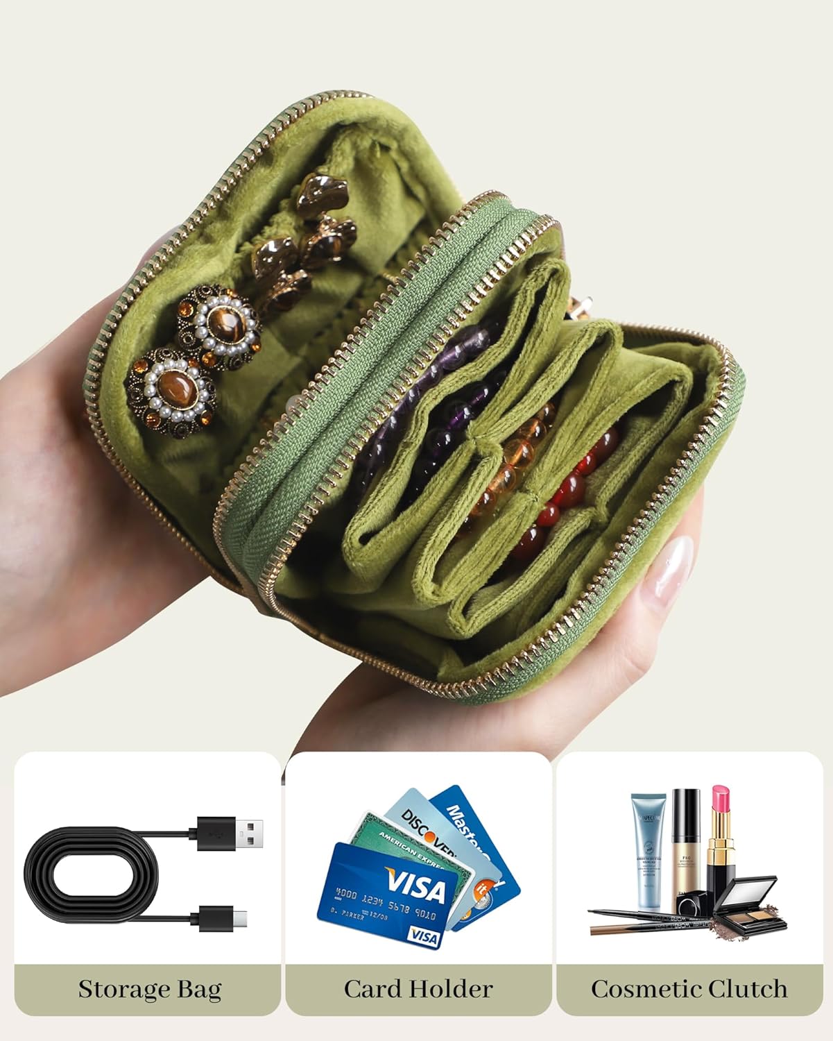 Stratalife Travel Jewelry Case Organizer 2-Layer Compact Storage Bag for Rings Earrings Necklace Bracelet Portable Velvet Jewelry Pouch with Zippers Accessories Travel Essential Gift for Women Green