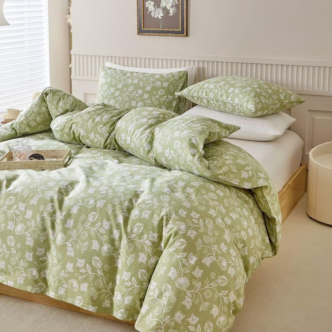 MKXI Green Duvet Cover Queen White Floral Duvet Cover Set Spring Flowers Pattern Bedding Set Cute Botanical Comforter Cover Set with 1 Duvet Cover 90x90+ 2 Pillowcases