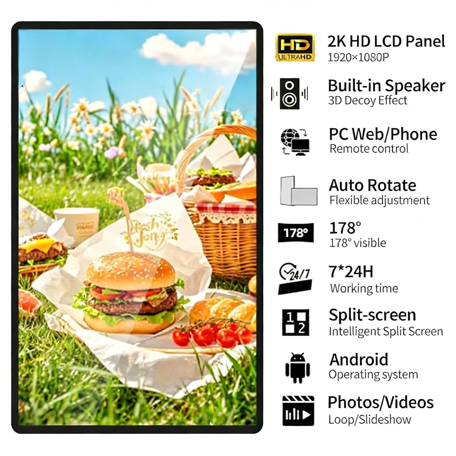 Cyfrowy ekran reklamowy LED Full HD 1080P, automatyczne odtwarzanie multimediów, obsługa WiFi/USB/SD, do tablic menu w restauracjach i promocji detalicznych 27in