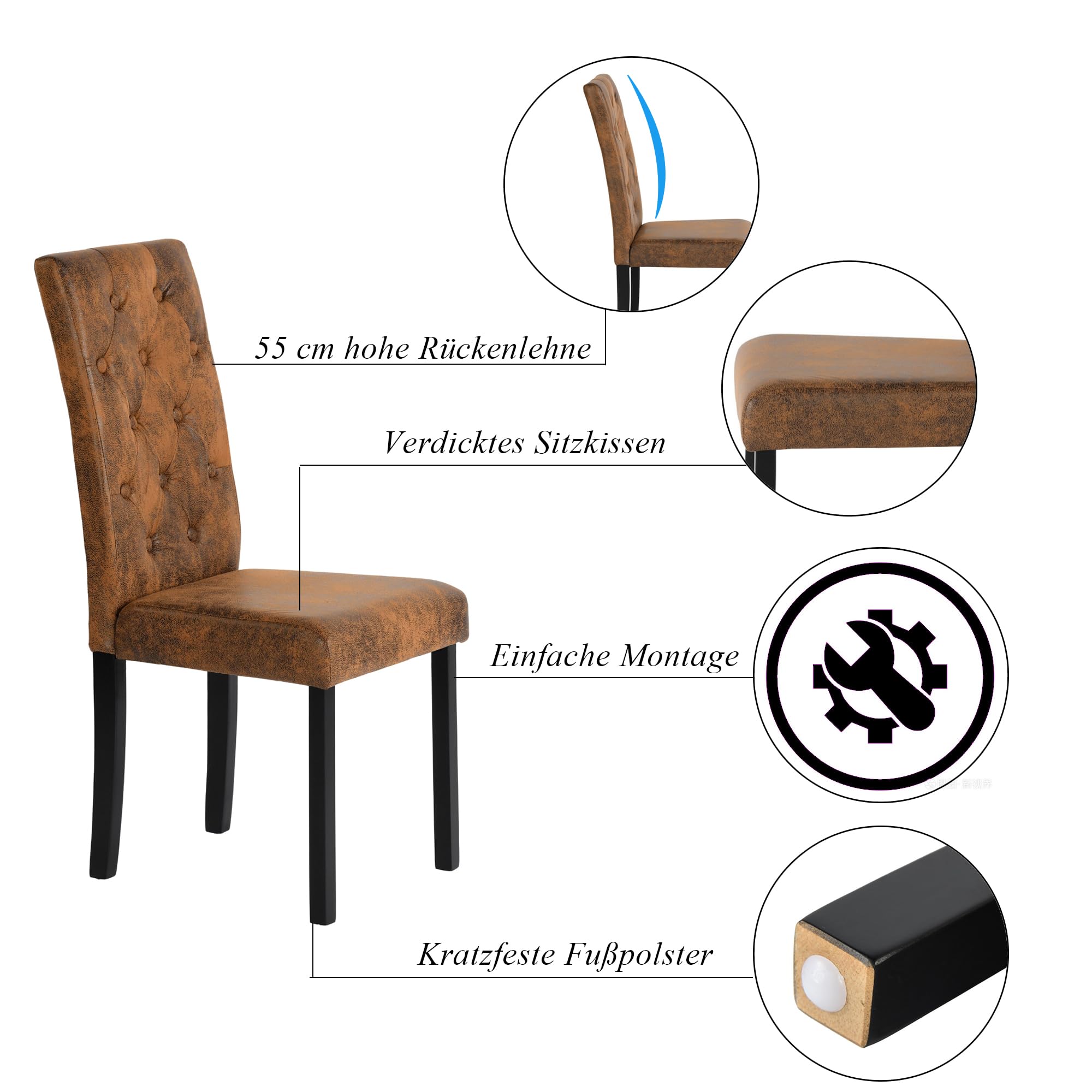Chaise Marron de Cuisine Lot de 8 Chaises Salle Manger Bois, Chaise Salle a Manger Suède Marron Lot de 8 Chaisse pour Le Salon/Restaurant/Café/Bureau, 98 CM de Haut, Bois Jambe épaisse de 3 CM