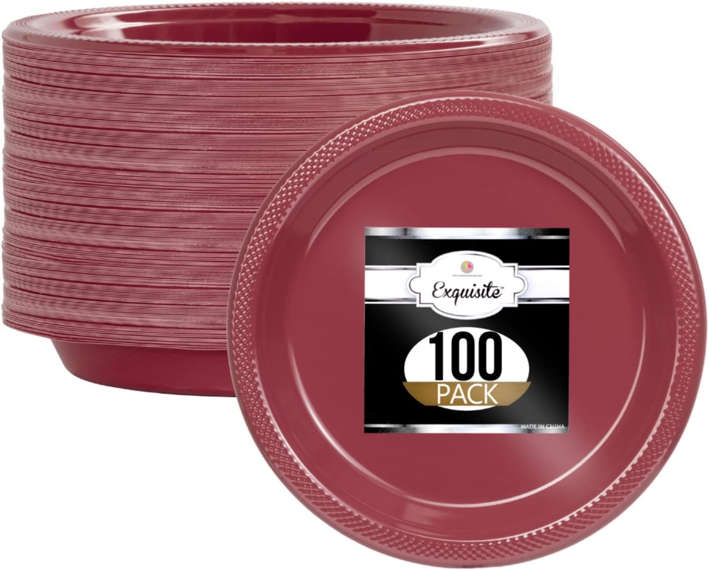 Exquisite Burgundy Plastic Plates - 7 Inch, 100 Pack, 350 GSM