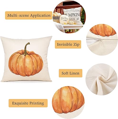Miniatura 5 de ZWJD Fundas de almohada de otoño, juego de 4 almohadas decorativas de 18 x 18 pulgadas con calabaza, hojas de arce y diseños de Hello Autumn para