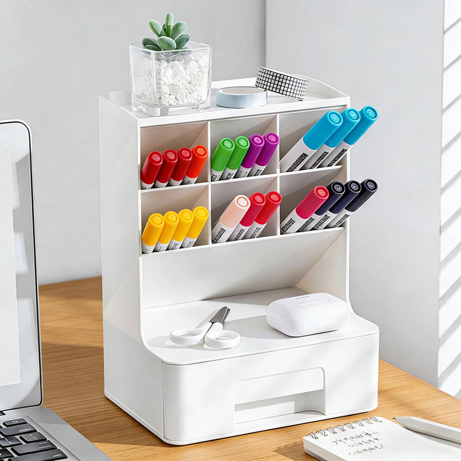 Pencil Holders, 6 Compartments Desk Organizer with Drawer,Space-Saving Plastic Desktop Organizer for Office Supplies, Desktop Storage Caddy for Stationery Makeup Brushes