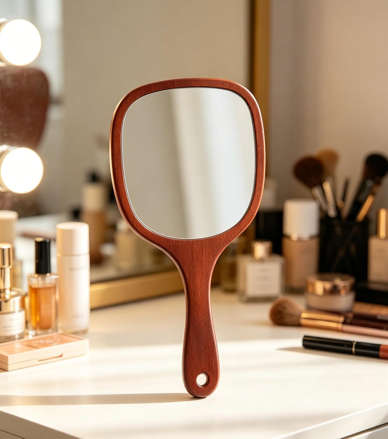 Wooden Hand Mirrors with Handle Wood Hand Plain Mirror for Makeup