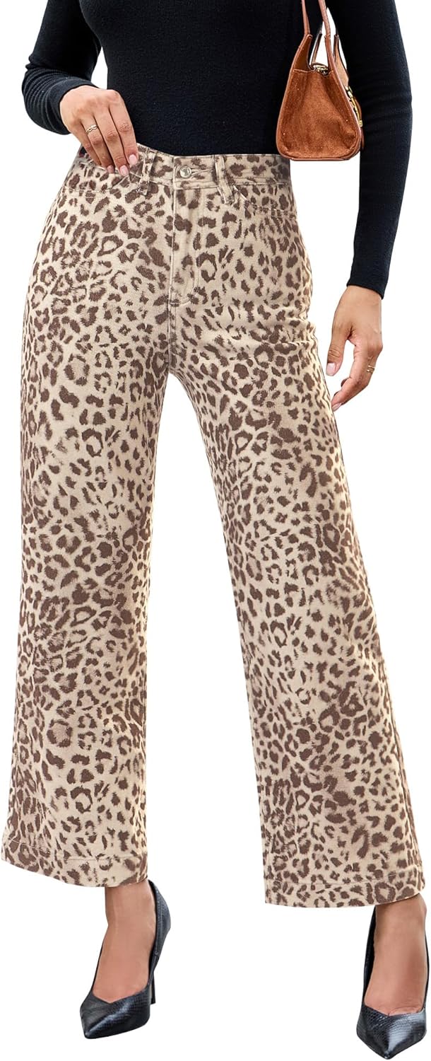 luvamia Wide Leg Jeans Woman Trendy High Waisted Leopard Cheetah Print Ankle Length Stretchy Denim Pants with Pockets