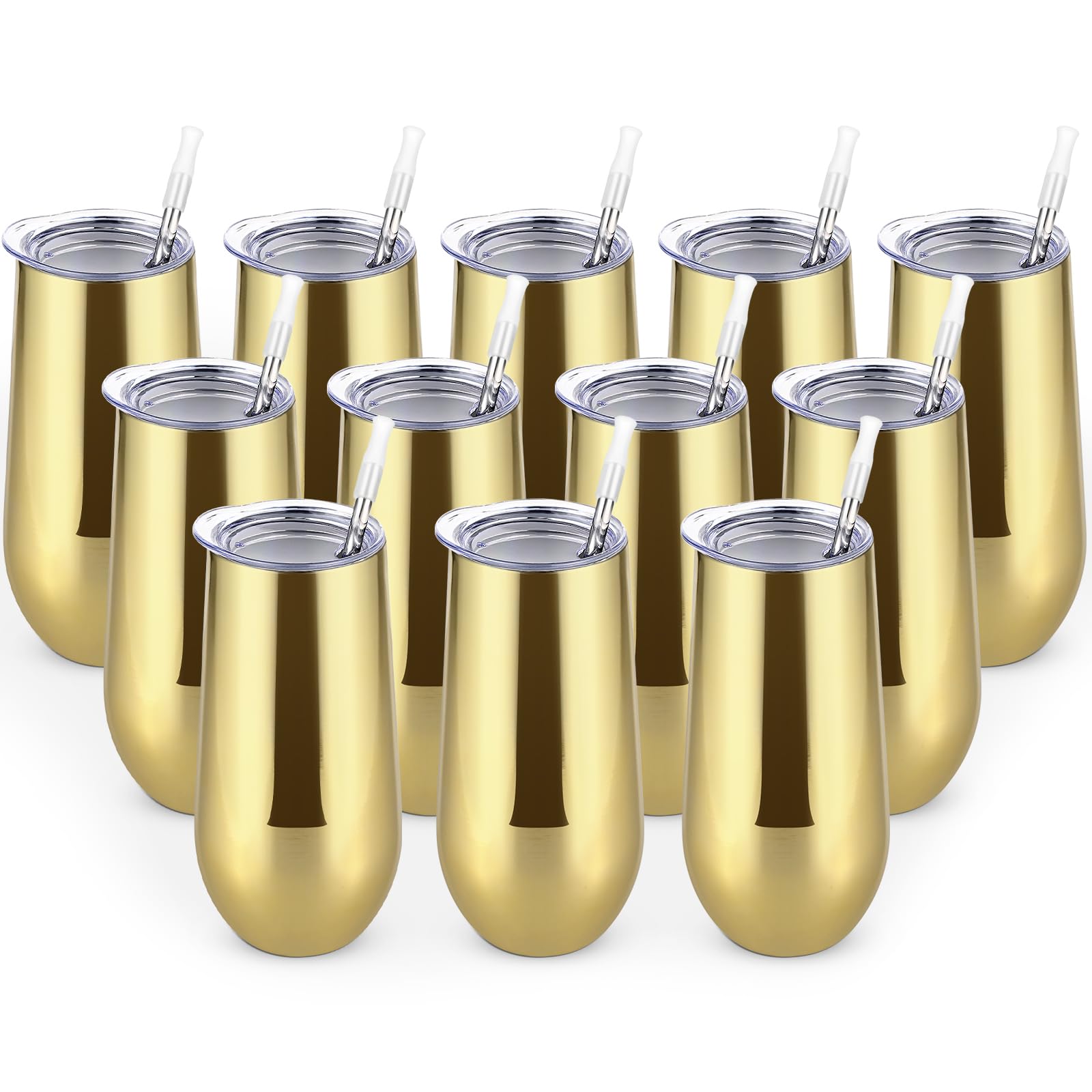 Lifecapido Lot de 12 flûtes à champagne isothermes sans pied en acier inoxydable pour fête d'anniversaire, mariage, Noël, 355 ml, plaqué or