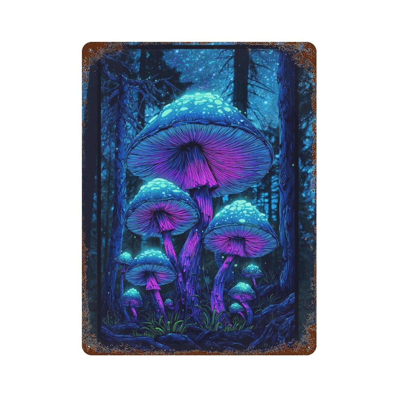 Glowing Forest Mushrooms Art Print Rusty Metal Tin Sign 15.7"x11.8", for Pub, Kitchen And Man Cave Decor, Farmhouse Wall Decor