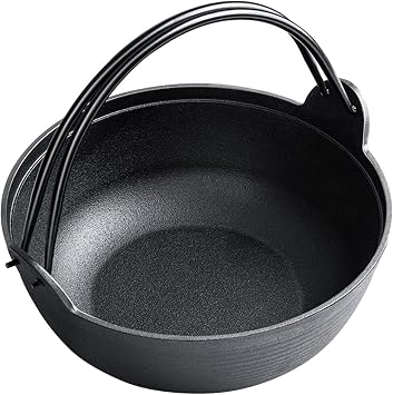 Japanese Style Cast Iron Sukiyaki Hot Pot, Dual Handle Shabu Pot Nonstick Pot with Wooden Lid, Home Kitchen Cookware for Gas Induction Cooker / 19cm