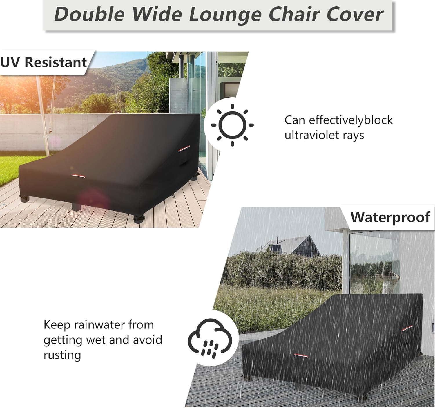 Waterproof Double Chaise Lounge Cover,600D Heavy Duty 82Inch Double Wide Patio Chaise Lounge Chair Covers-Black - Image 7