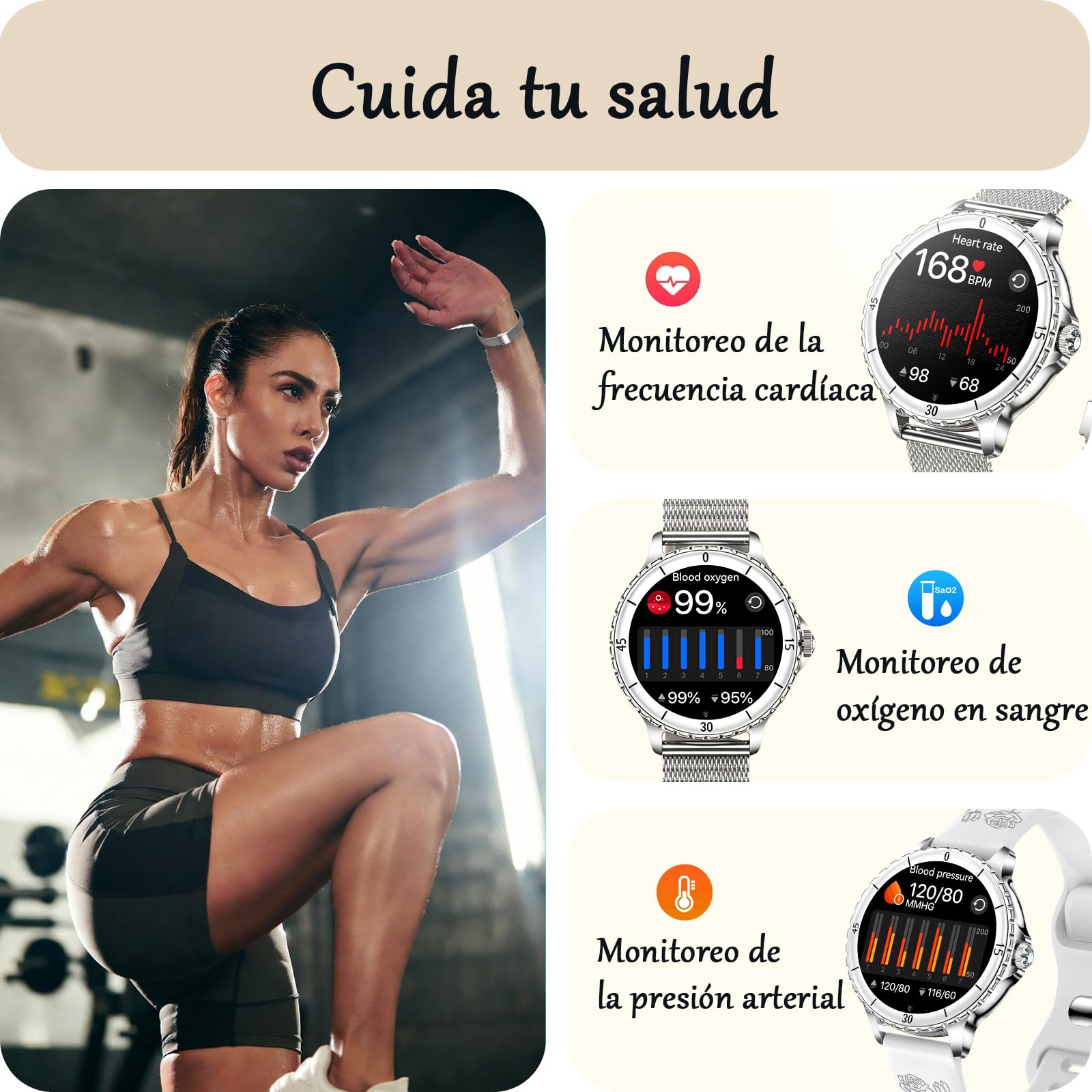 Reloj Inteligente Mujer con Llamadas, 1.27” HD Smartwatch Redondo | 120+ Modos Deportivos, Pulsómetro, SpO2, Monitor de Sueño, Rastreador de Actividad, IP68, Android iOS, 2 Correas, Plata