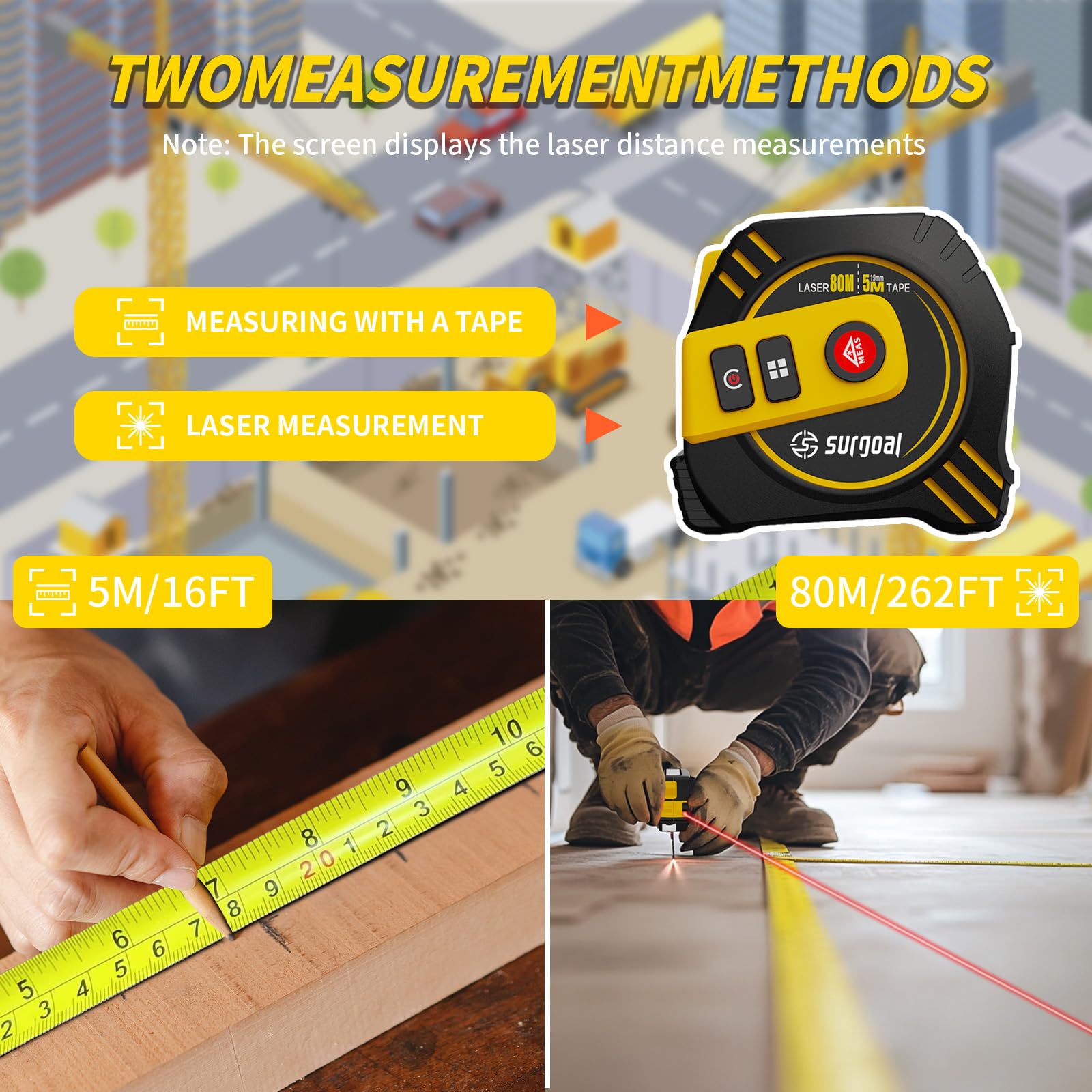 2-in-1 Laser Tape Measure USB-C Recharge 262Ft Laser & 16Ft Tape Red-Beam — Amazon image 2