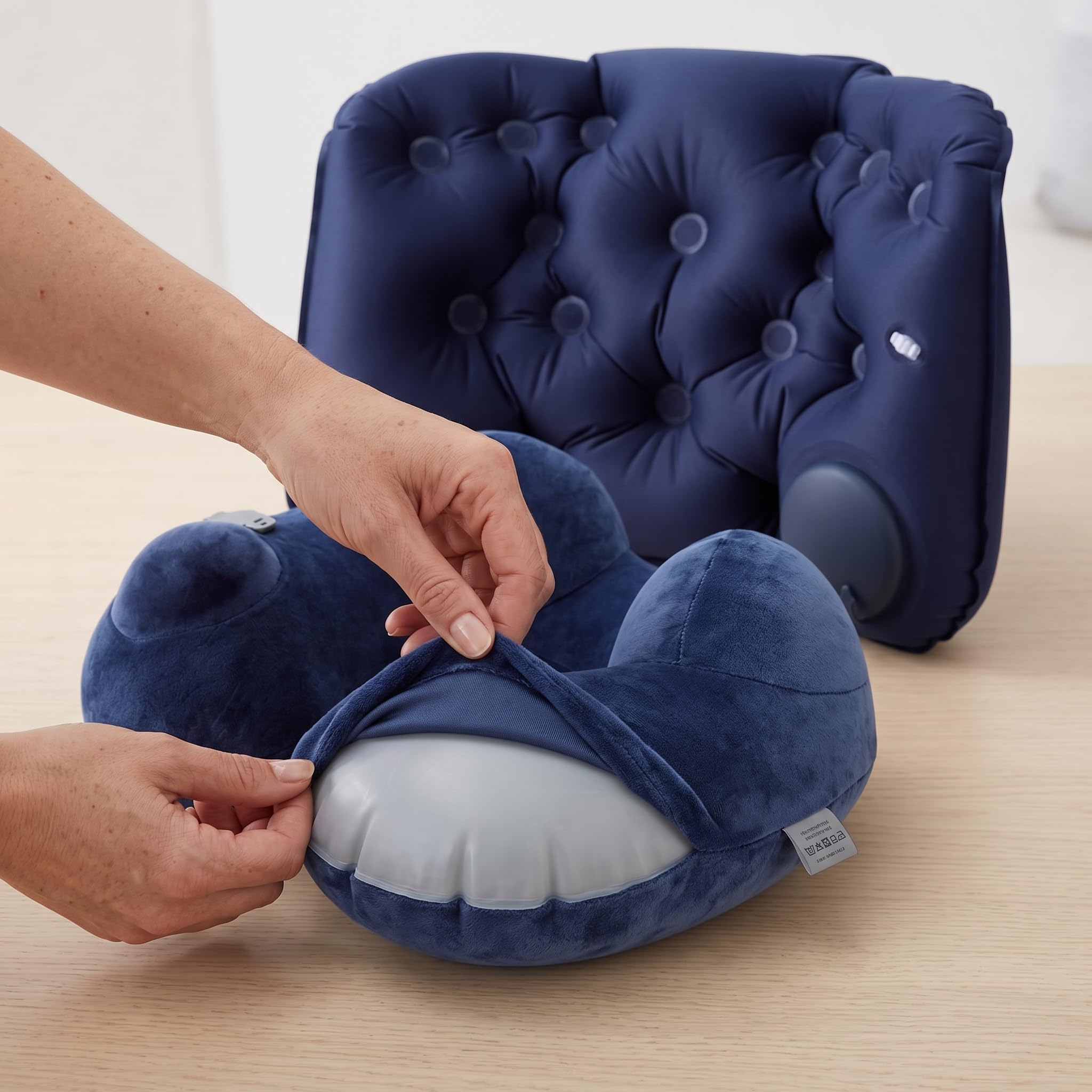 Almohada Viaje Inflable en Forma U, cojín Cervical portátil para avión y Coche, Cojín Lumbar Inflable a presión + Almohada Cervical en Forma de U de Joroba Lavable, Azul Marino