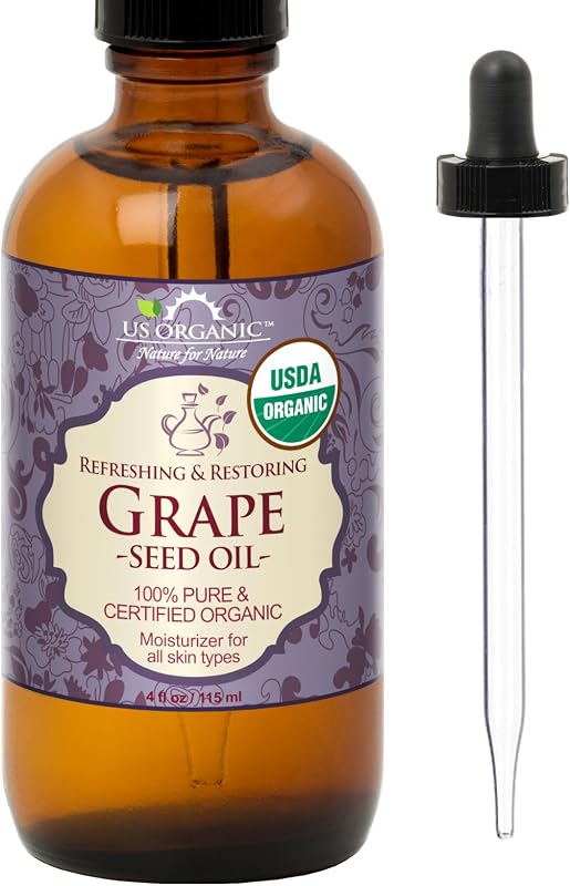 US Organic Óleo de Semente de Uva, 100% puro, prensado a frio e não refinado, frasco de vidro âmbar com conta-gotas, 115 mL