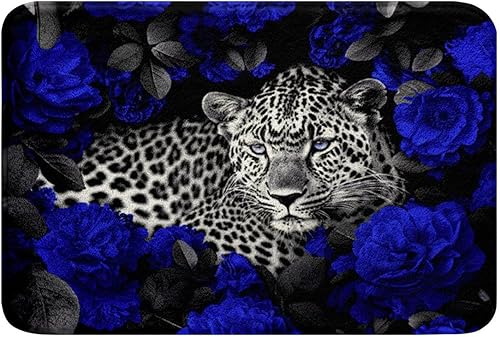 Erosebridal Alfombra de baño 3D con estampado de leopardo y rosa azul, para mujer, diseño de flores románticas, animales africanos, para sala de Erosebridal Alfombra de baño 3D con estampado de leopardo y rosa azul, para mujer, diseño de flores románticas, animales africanos, para sala de