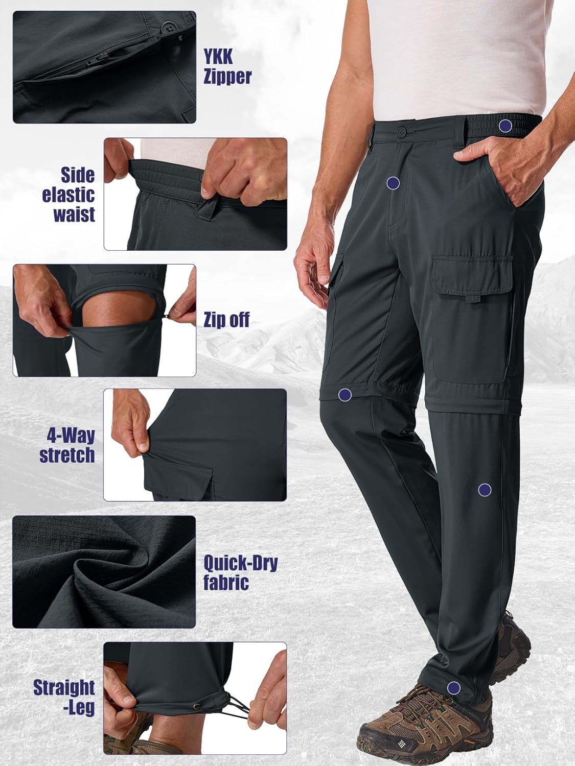 Hiking Pants Men Convertible Quick Dry UPF 50 Lightweight Zip Off Safari Fishing Travel Cargo Trousers - Image 6