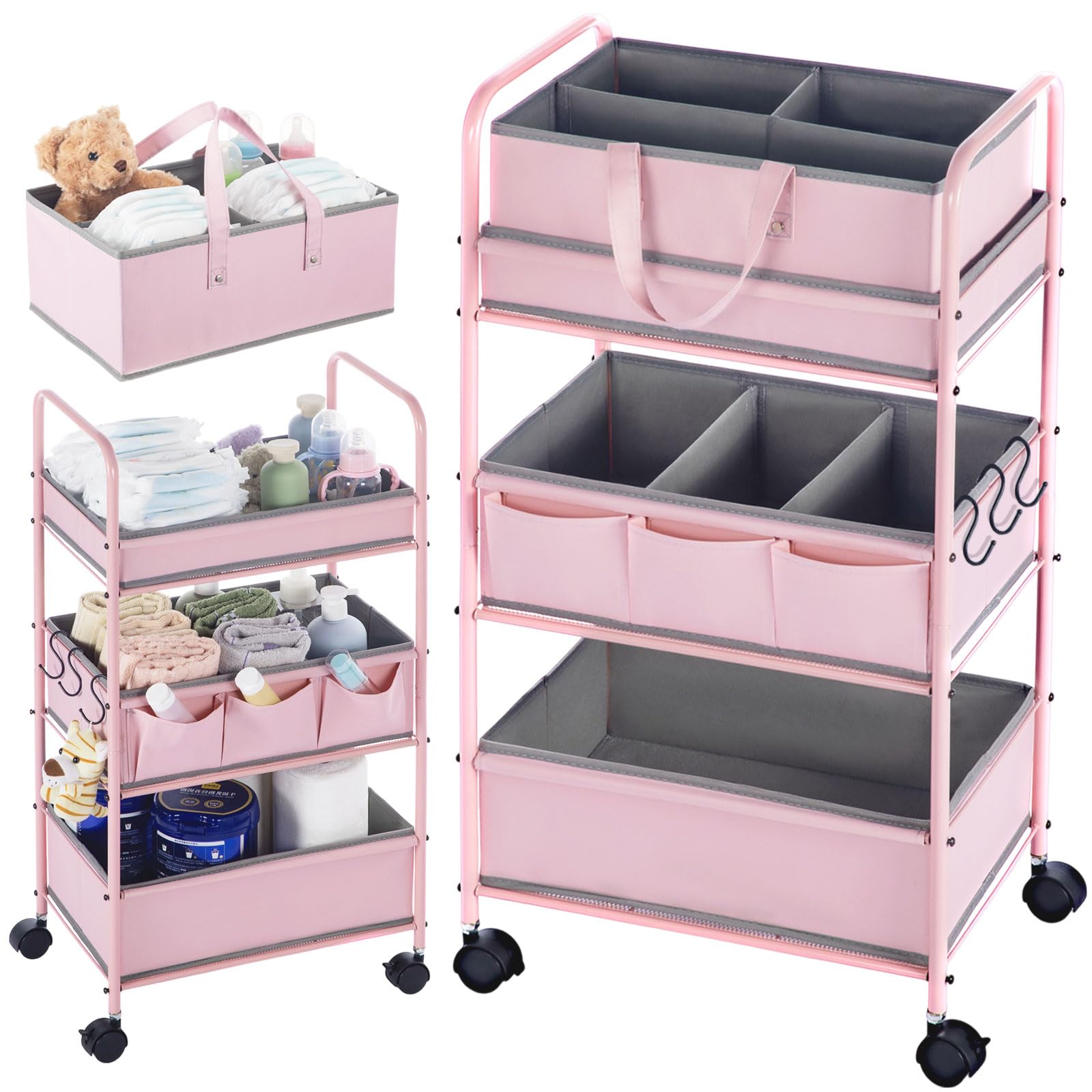 Honeydak 2in1 Baby Diaper Caddy Organizer Cart 3 Tier Large Capacity Metal Utility Bedside Rolling Cart with Divider