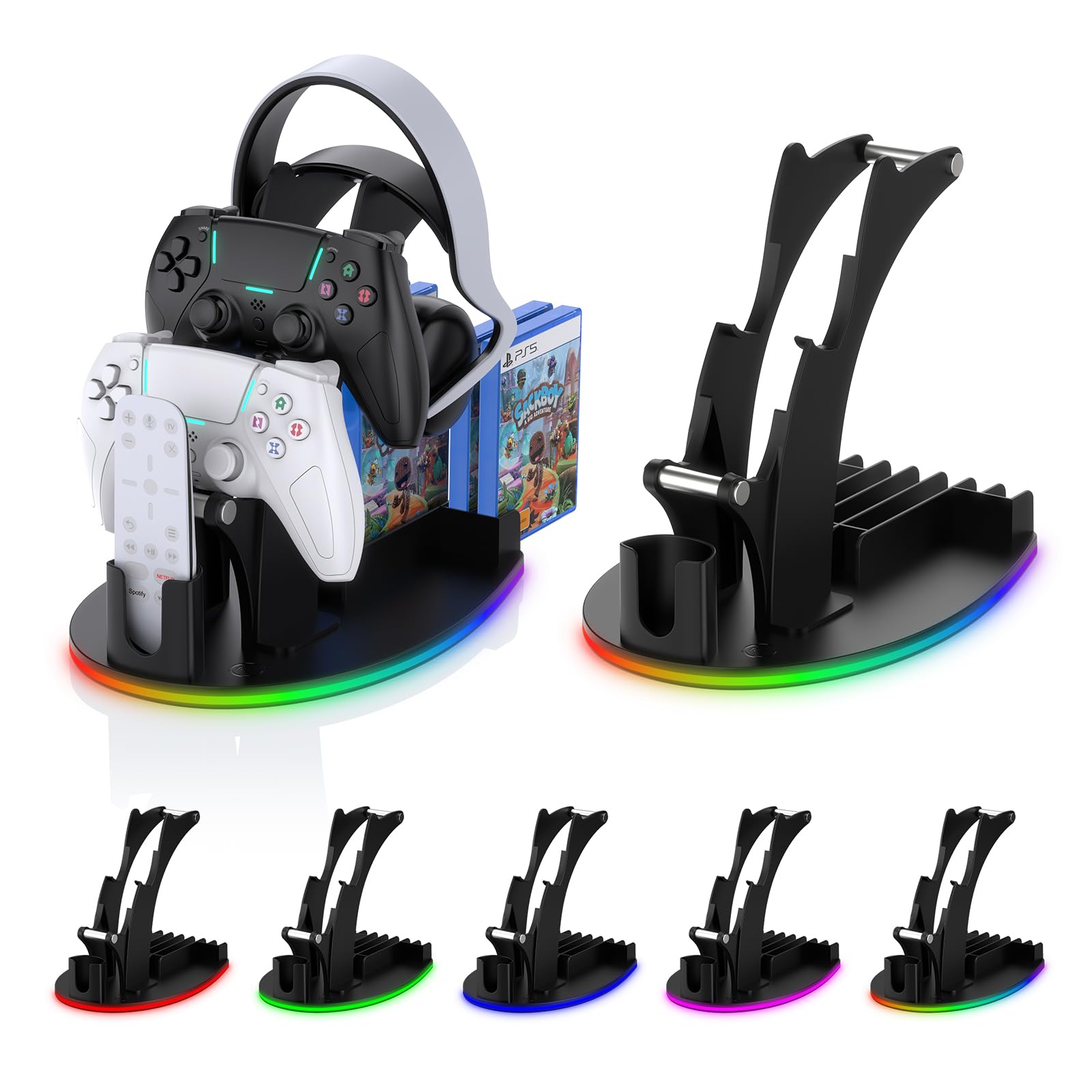 Supporto per controller di gioco RGB per controller Steam 2/PS5/Xbox/Switch, supporto per cuffie con 5 modalità di illuminazione RGB, organizer per giochi e archiviazione con ricarica USB e