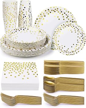 224 Pieces Party Supplies, White and Gold Dots Wedding Party Plates Cups and Napkins Sets with Plastic Knives forks spoons, Disposable Tableware Serves 32 Sets for Birthday, Graduation, Festivals
