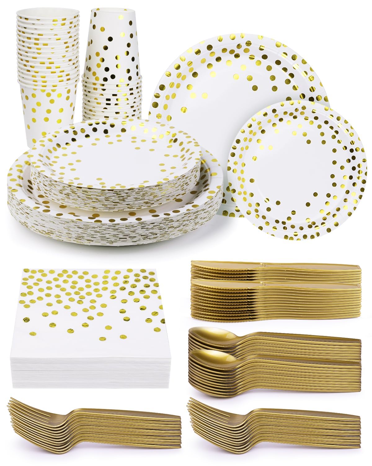224 Pieces Party Supplies, White and Gold Dots Wedding Party Plates Cups and Napkins Sets with Plastic Knives forks spoons, Disposable Tableware