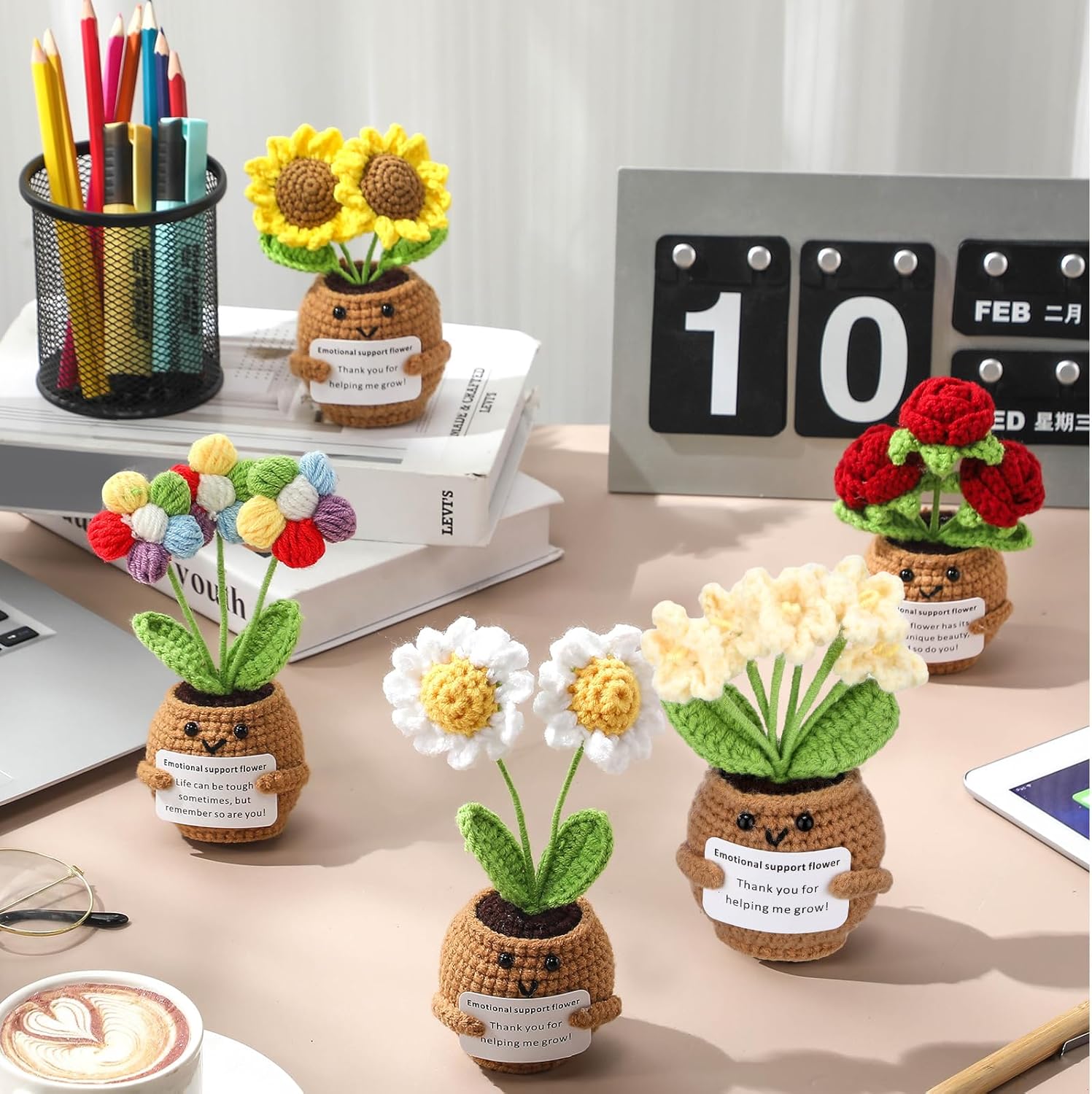 Suncalla 10 Pcs Valentine Crochet Flowers Appreciation Positive Gift Bulk Handmade Knitted Flowers with Positive Quotes for Employee Coworkers Teacher Gifts and Office Desk Decor(Multiple)