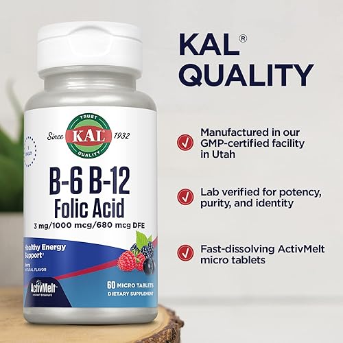Miniatura 5 de KAL B-6 B-12 ácido fólico ActivMelt  Apoyo saludable de corazón y energía  Sabor de bayas naturales  60 microcomprimidos 60 servicios
