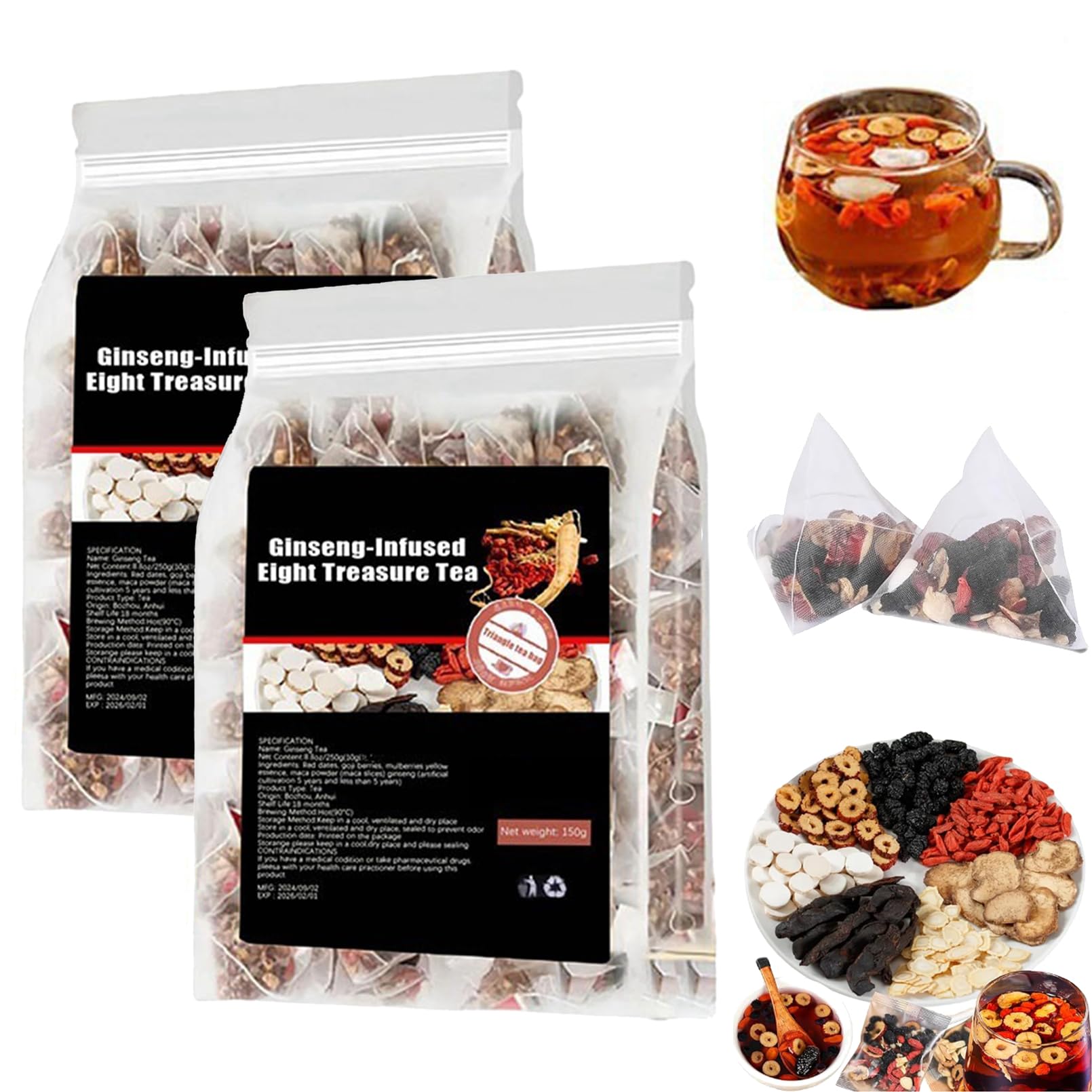 Qiamia Ginseng Eight Treasures Tea, 5g*30PCS Kidney Tea Formula Ginseng Eight Treasure Teas, Upgraded ginseng Six Treasures Teas (2 Bags)