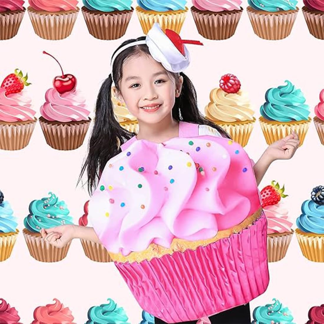 Cupcake Costume for Girls,Sweet Princess Cupcake Onesie with Cake Headpiece for Halloween Dress Up Party Gifts