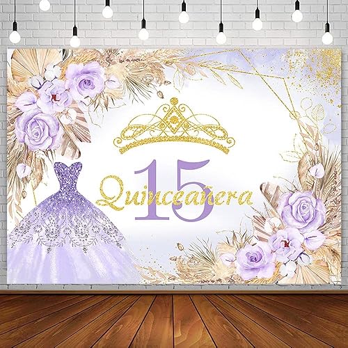 AIBIIN Telón de fondo de quinceañera de 15 cumpleaños de 7 x 5 pies para niña dulce, bohemio, morado con purpurina Mis Quince Anos, fondo de
