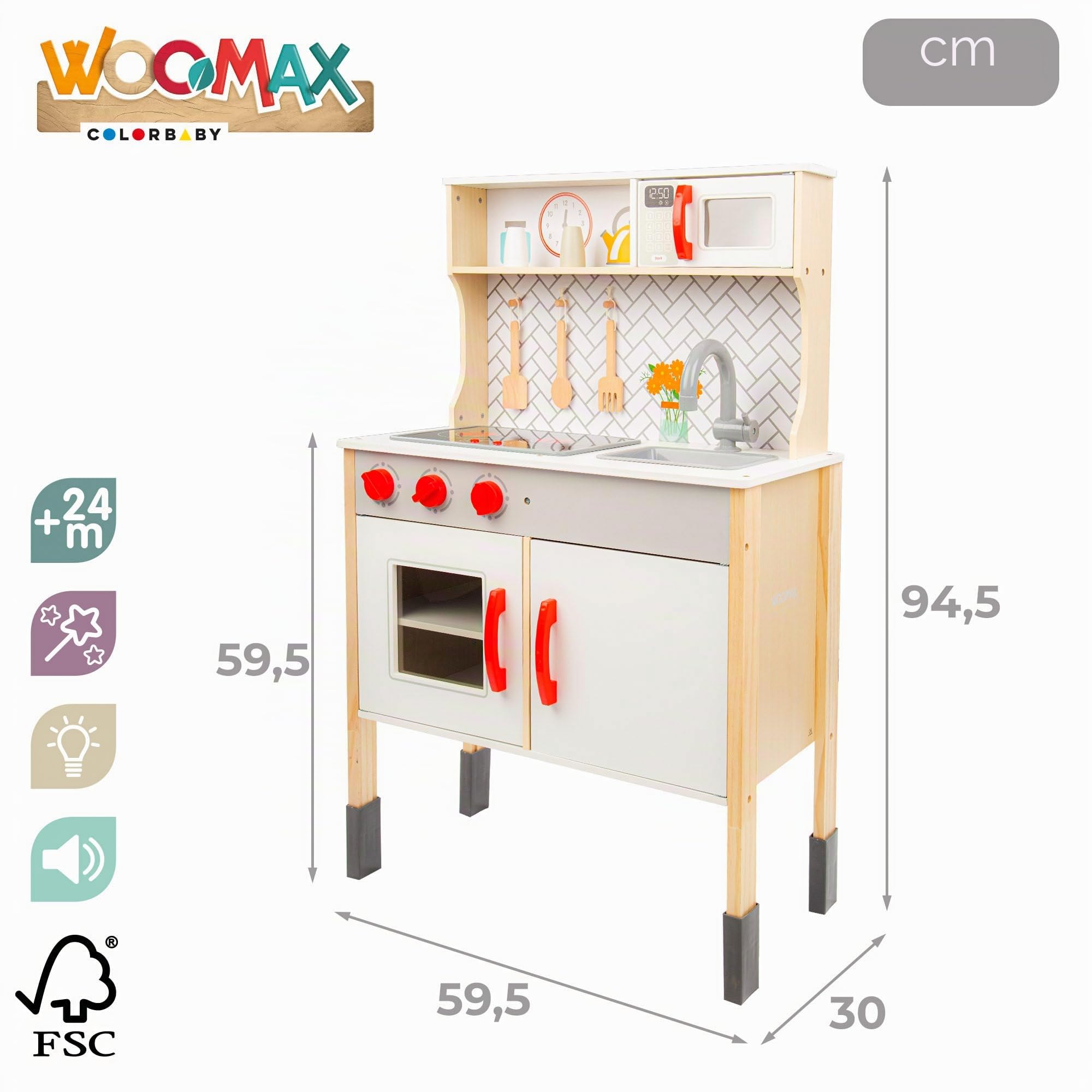 WOOMAX Cucina giocattolo con luce e suono, con piano cottura e cappa aspirante, 94,5 x 59,5 x 30 cm, per ragazzi e ragazze (49549)