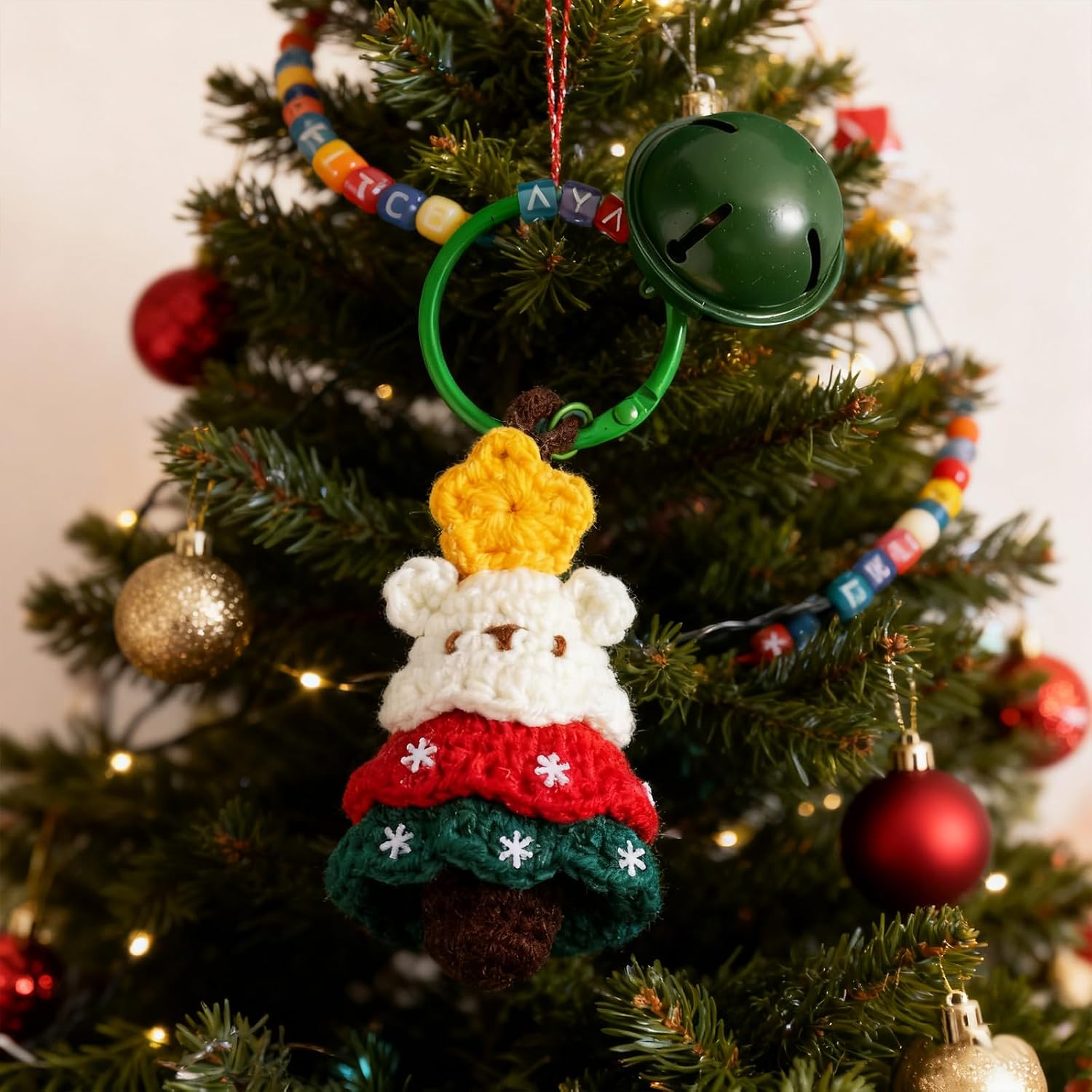 Cute Santa Claus Car Keychain, Crochet Santa Hat Car Accessories Key Ring, Christmas Wreath with Bell Bag Decoration image 2