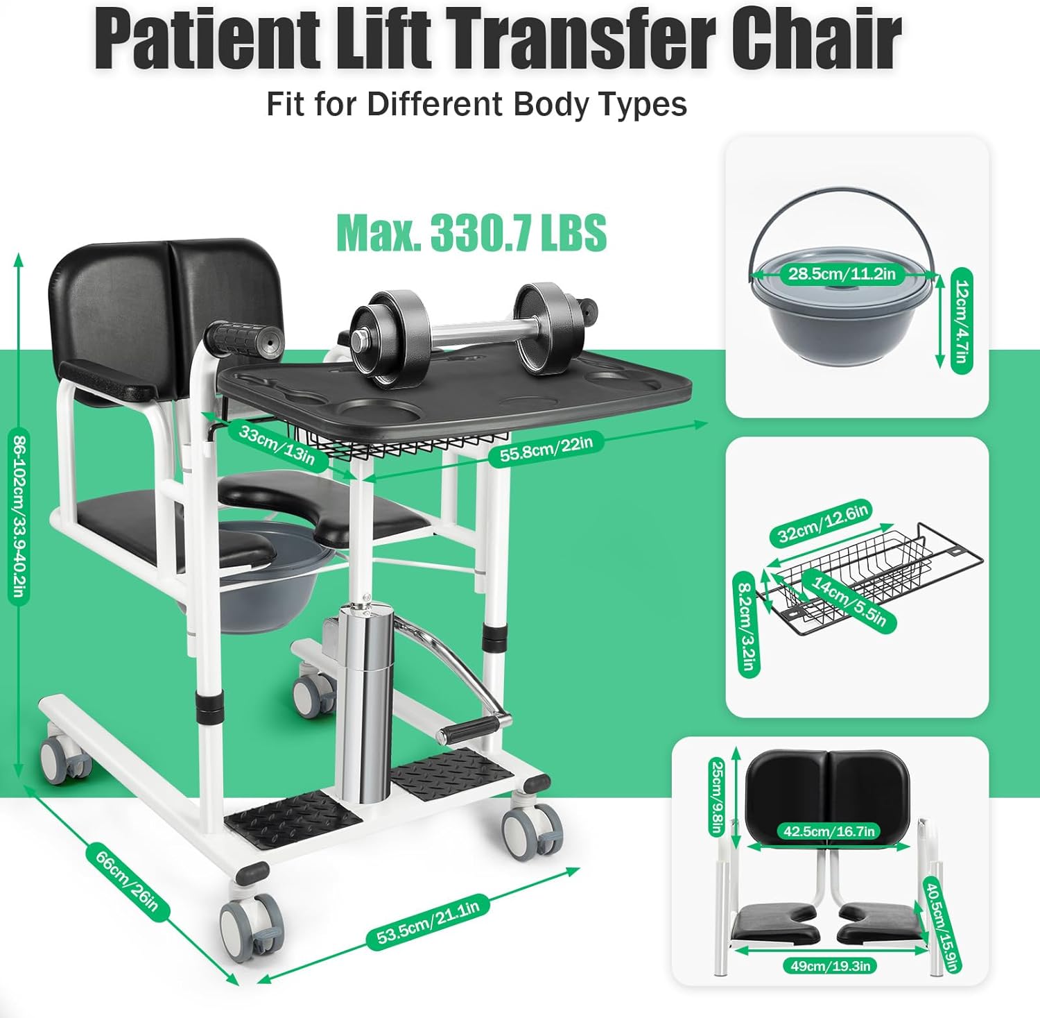 Patient Lift Transfer Chair for Elderly and Disabled Patient Lift Chairs 180°Split Seat with Portable Potty & Seat Cushion,Adjustable Hydraulic Lifting Height,330.7lbs Black
