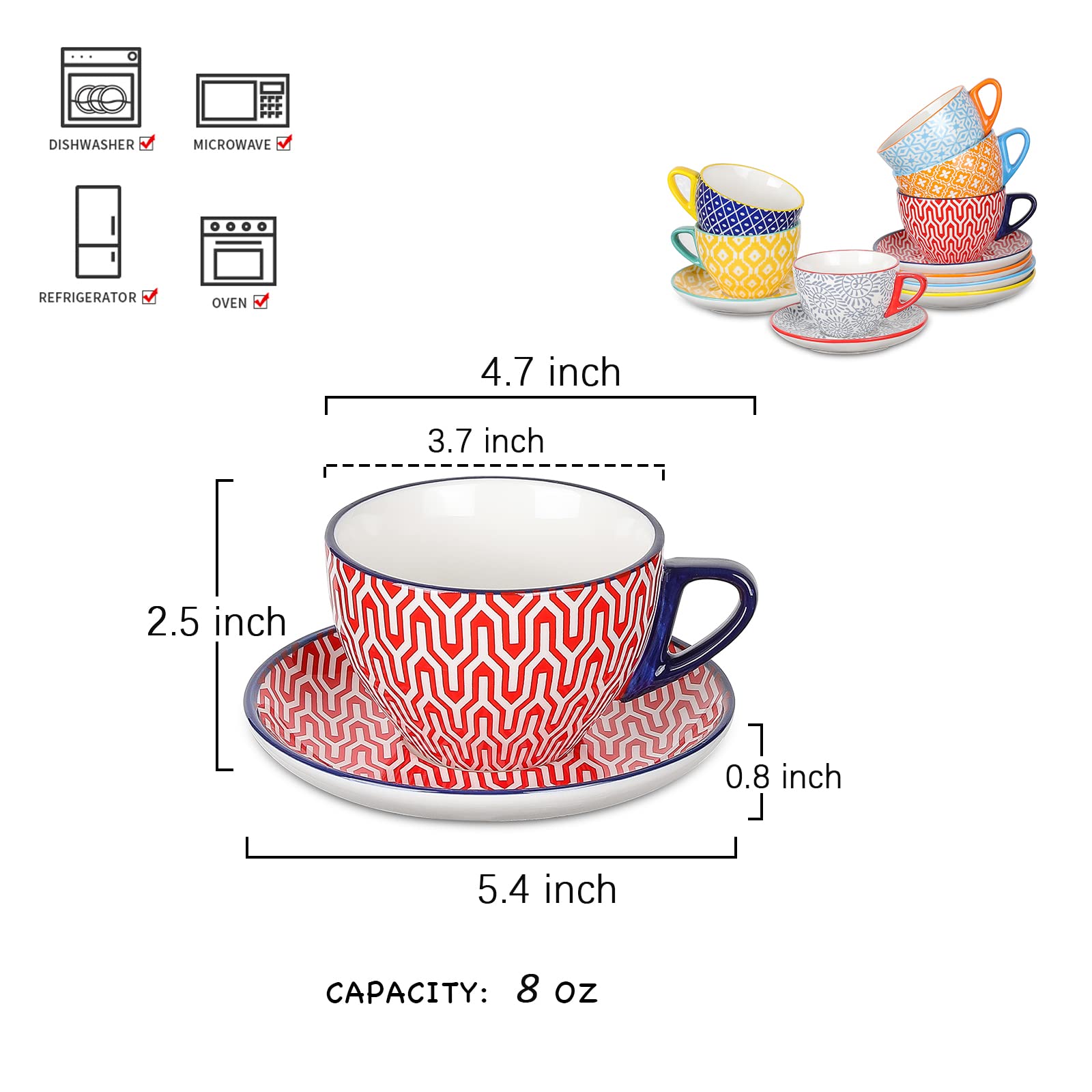 Selamica Ceramiczny zestaw filiżanek do cappuccino 230 ml ze spodkami, filiżanki do kawy, latte macchiato na imprezę, kawiarnię, dom, prezent świąteczny, zestaw 6 sztuk, różne kolory