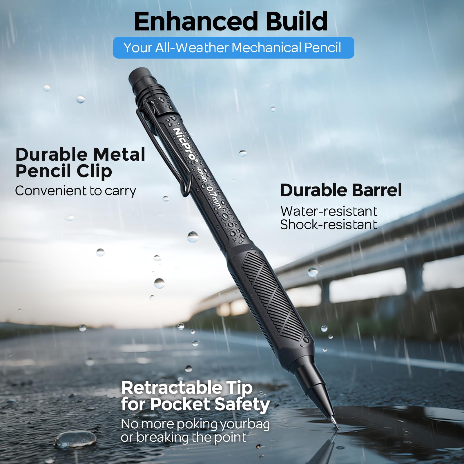 Nicpro Lot de 3 porte-mines en métal HD1000 de 0,7 mm avec 6 tubes de recharge HB, gomme, corps résistant aux intempéries pour l'écriture, le dessin, l'esquisse