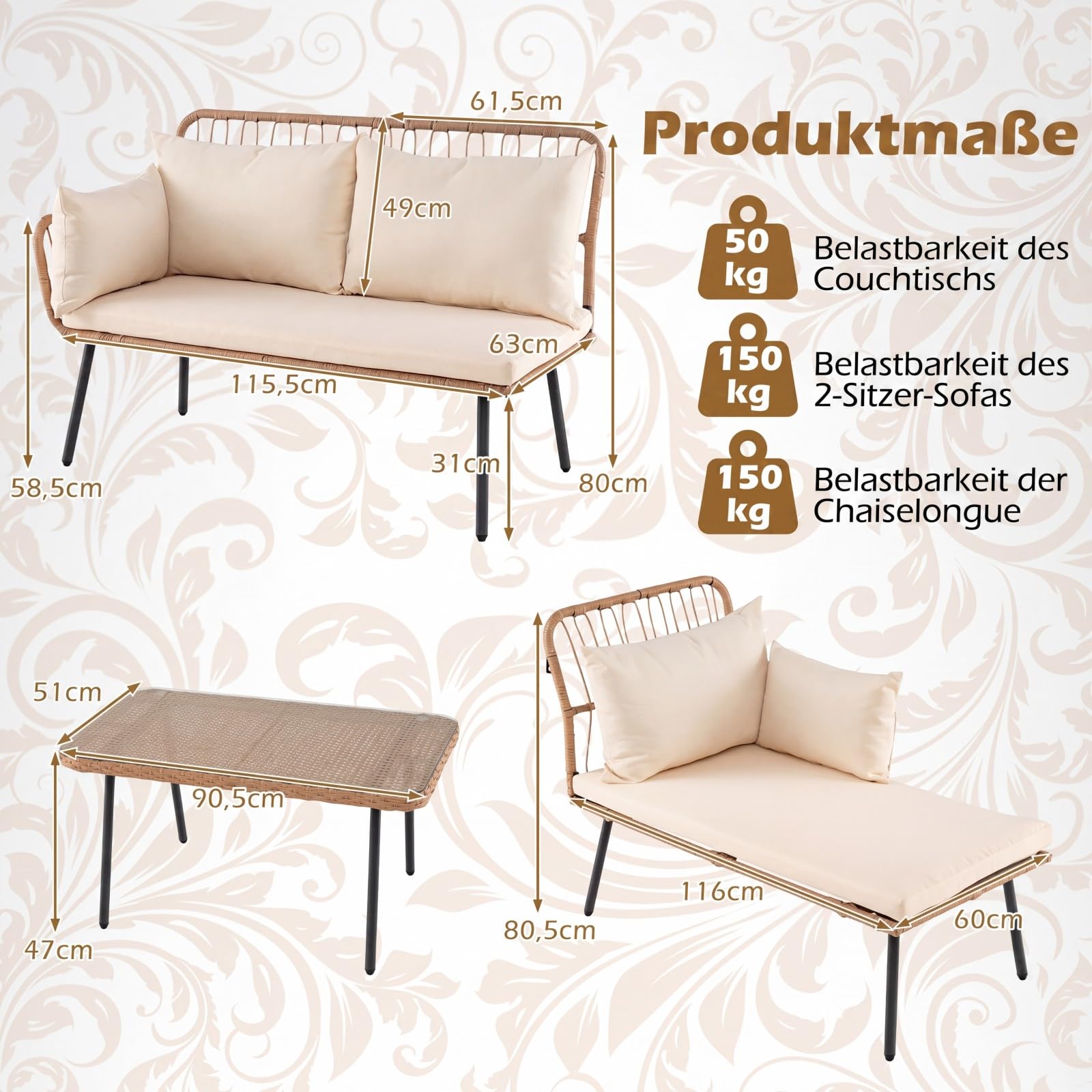 COSTWAY Lounge Möbel Outdoor, Polyrattan Gartenlounge mit Tisch und Kissen, Gartenmöbel Set, Balkonmöbel, Terrassenmöbel, Sitzgarnitur, 3-teilige Sitzgruppe für Garten, Balkon, Terrasse