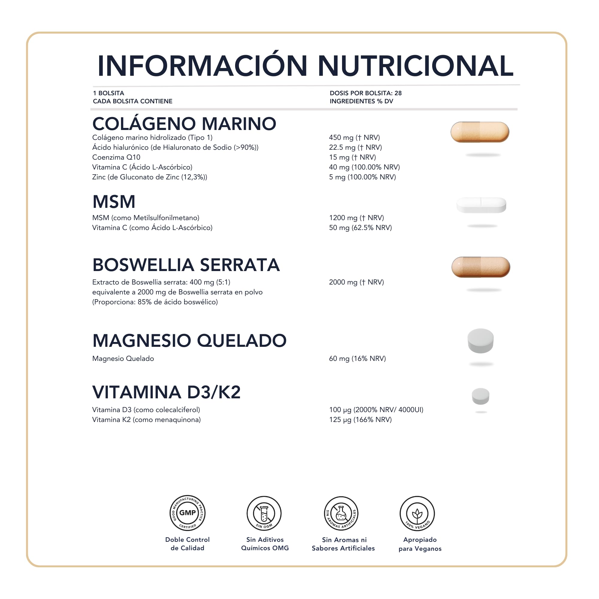 Colágeno Marino con Ácido Hialurónico, Magnesio Quelado, MSM, Boswellia, Vitamina D3 y K2 4000 - SmartAbsorb™ | para la piel, las articulaciones y los huesos | 28 sobres diarios