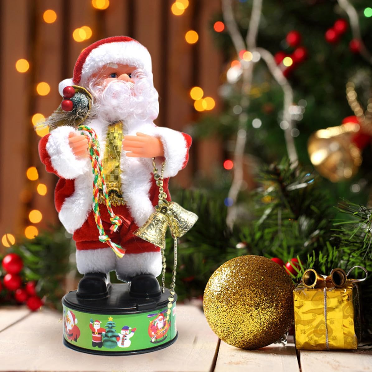 Rotatable Singing and Dancing Santa Claus Doll with Small Bells PVC and Cloth Christmas Home Decor Collectible Figurine