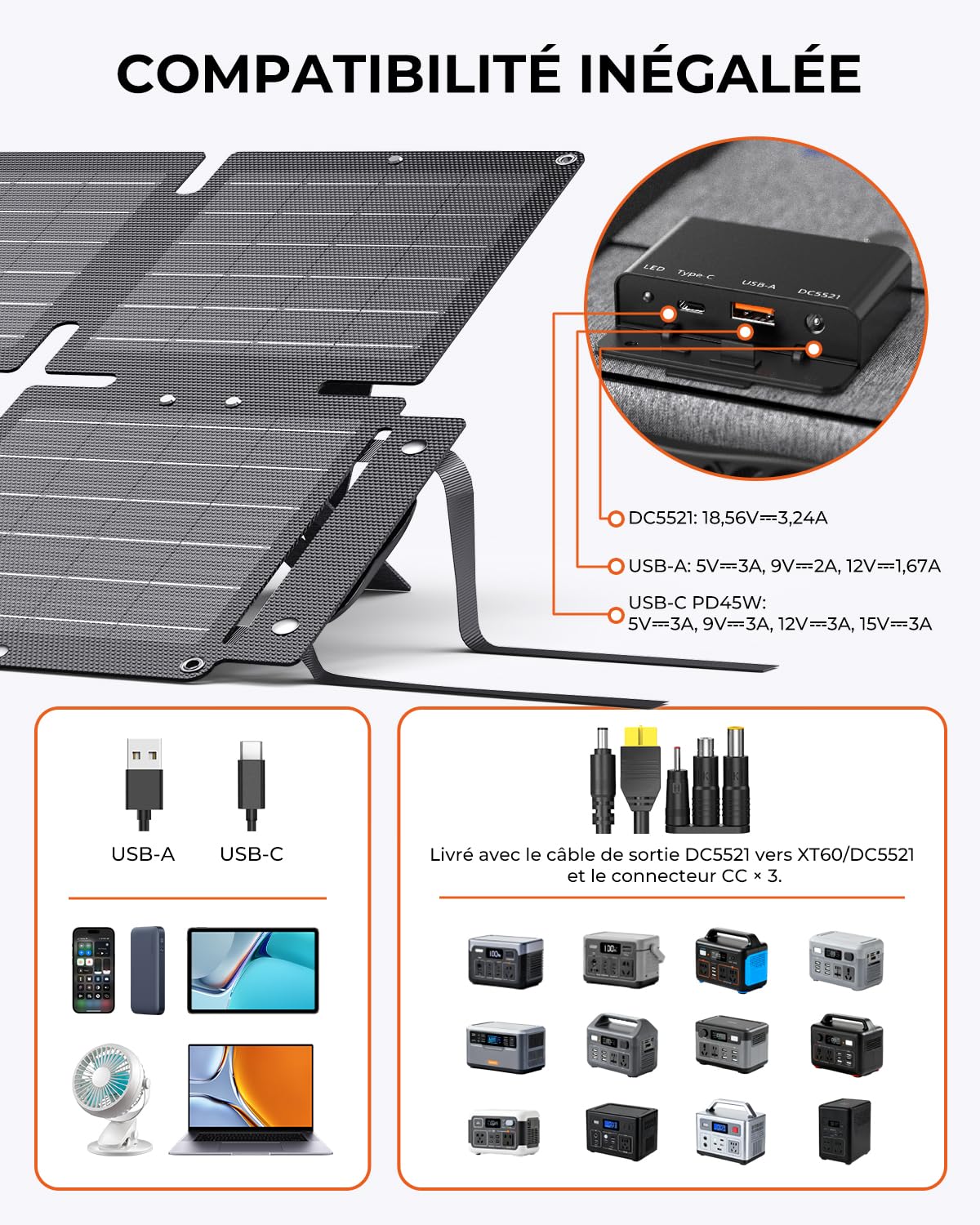 Chargeur Solaire Pliable 60W, BigBlue Panneau Solaire Portable ETFE QC3.0+PD45W+CC Sortie 22,2V【IP68 étanche et Support d'angle】pour Camping, Compatible avec Smartphone Tablette Station d'alimentation