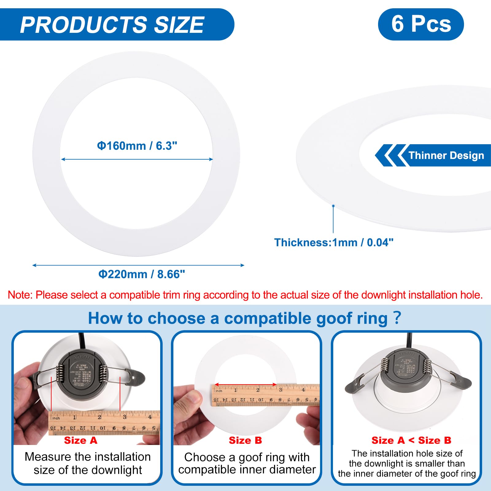 PATIKIL Goof Rings for 6/8 Inch Recessed Can Lighting Down Light, 6 Pcs Metal Goof Trim Rings Cover, Outer Diameter 8.66-inch - Image 2