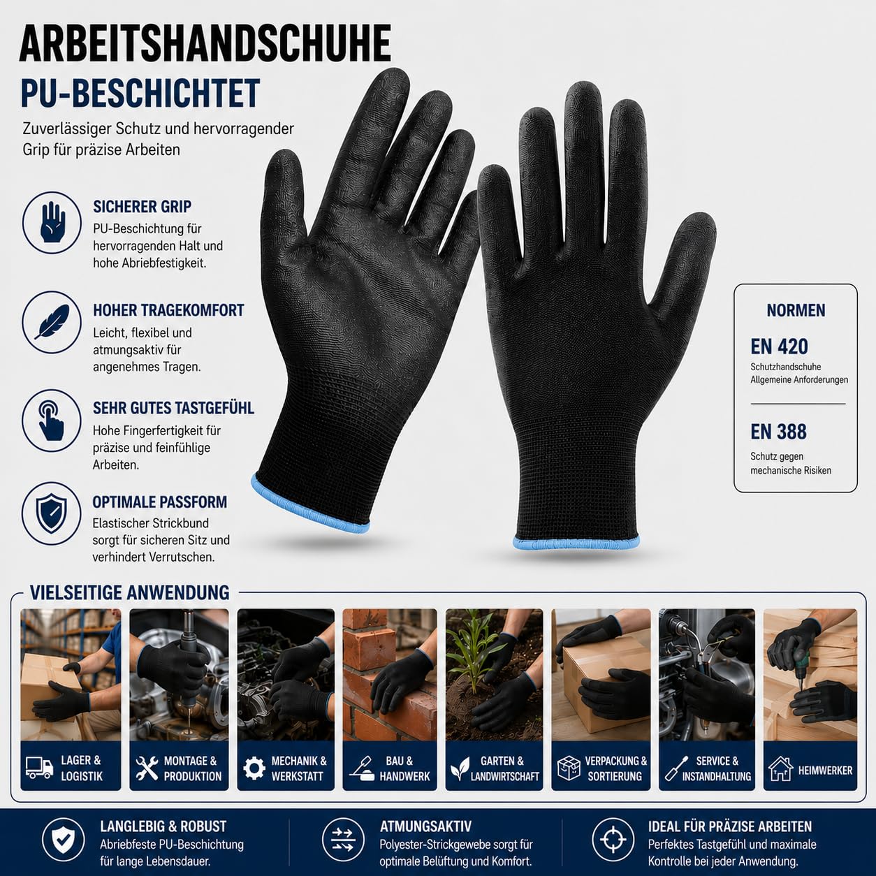 Arbeitshandschuhe für Herren und Damen/Größe 7 bis 10 | komfortable Handschuhe, Gartenhandschuhe Herren mit Latex Beschichtung. 12, 24, 48, 72,120 oder 240 Paar.