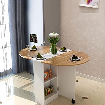 Folding Dining Table with 2 Wheels, Drop Leaf Tables for Small Spaces, Foldable Dining Table with 2-Layer Storage Rack, Folding Kitchen Table, Multifunction Expandable Table for Bedroom, Living Room