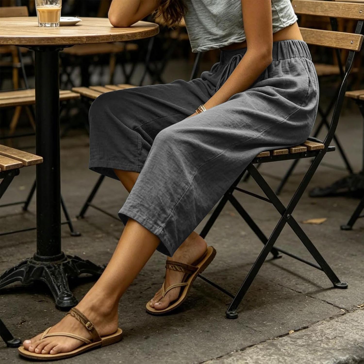 Womens Capri Pants Lightweight Casual Summer Capris Drawstring Elastic Waist Wide Straight Leg Cropped Pants