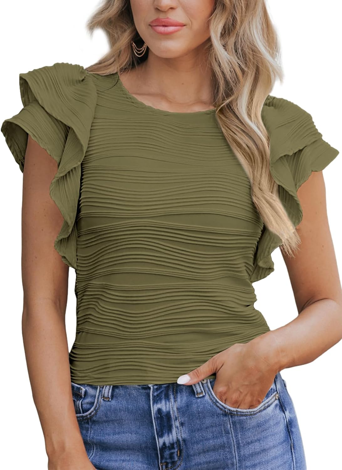 SHEWIN Womens Tops Casual Crewneck Ruffle Short Sleeve T Shirts Slim Fit Dressy Blouses