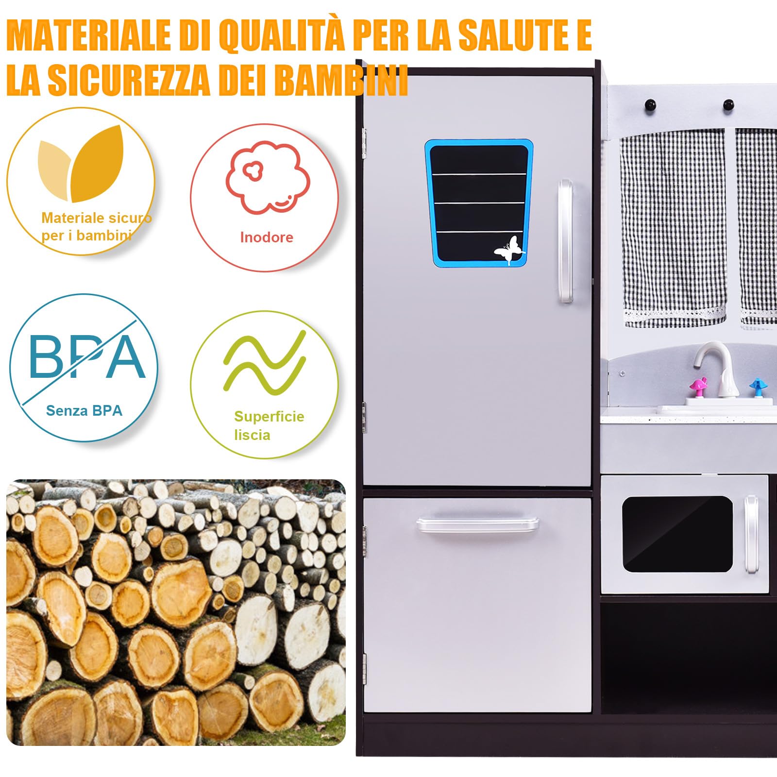 RELAX4LIFE Cucina Giocattolo in Legno per Bambini, Mini Cucina con Forno, Microonde e Frigorifero, Accessori Realistici, Natale/Compleanno/Feste