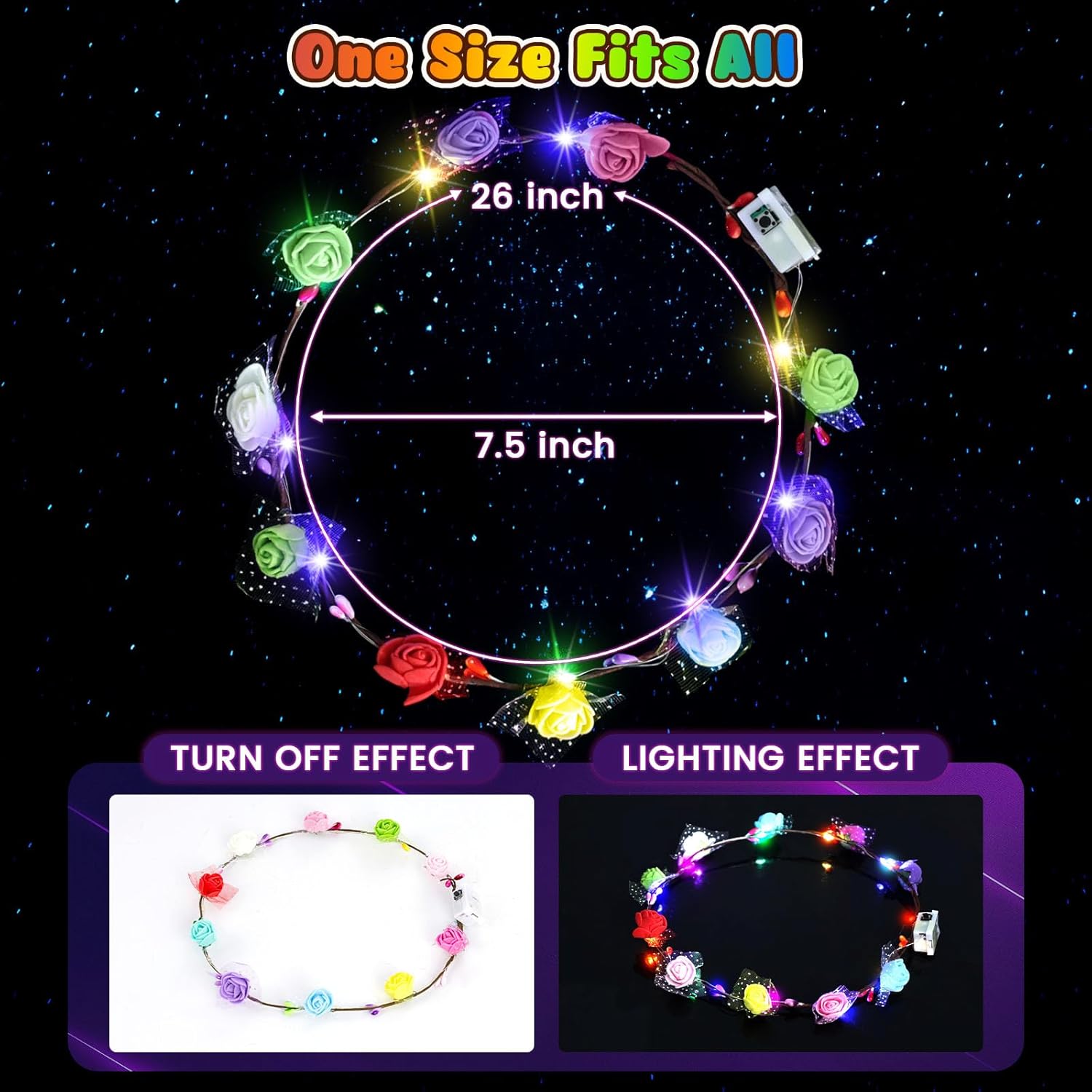 LovesTown 60PCS Glow in the Dark Party Supplies, Flower Crowns for Women Light Up Flower Crown, Light Up Party Favors for Christmas New Year Raves Birthday Wedding Reception Mardi Gras Cosplay - Image 3
