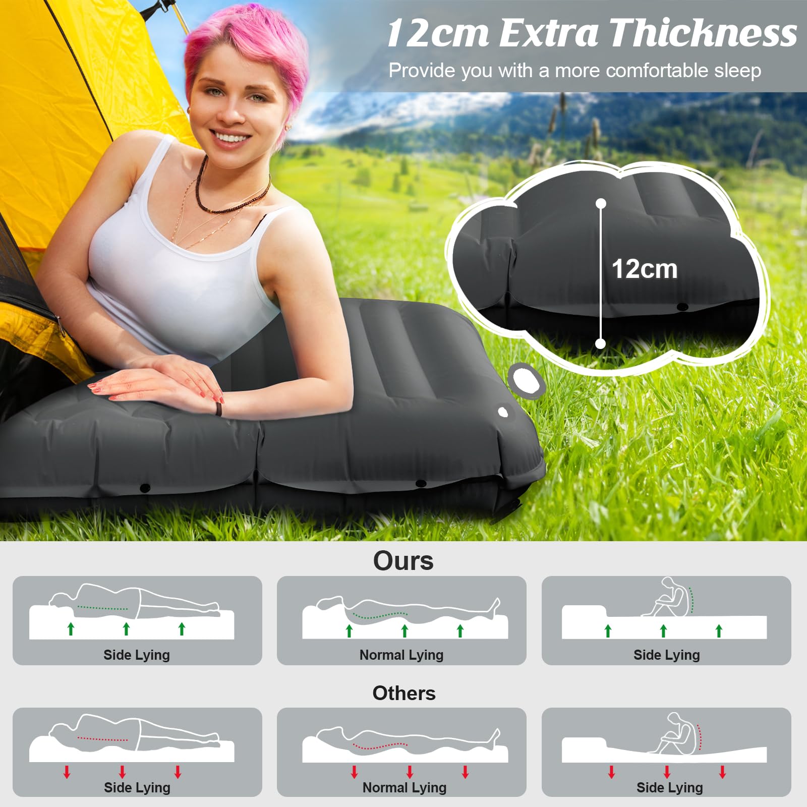 Colchoneta Hinchable Camping con Bomba de Pedal, 12cm Grosor Almohada Integrada - Esterilla Hinchable Camping Ultraportátil para Acampar, Senderismo, Exteriores