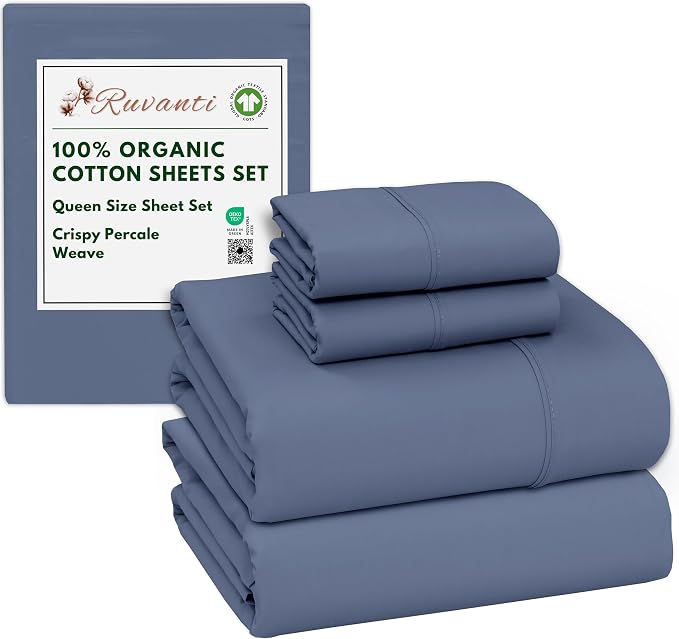 RUVANTI 100% Cotton Organic Sheets Queen Size, Percale Weave, GOTS Certified, 4-Piece Bedding Set, Deep Pocket 15", Soft & Durable - Wild Wind