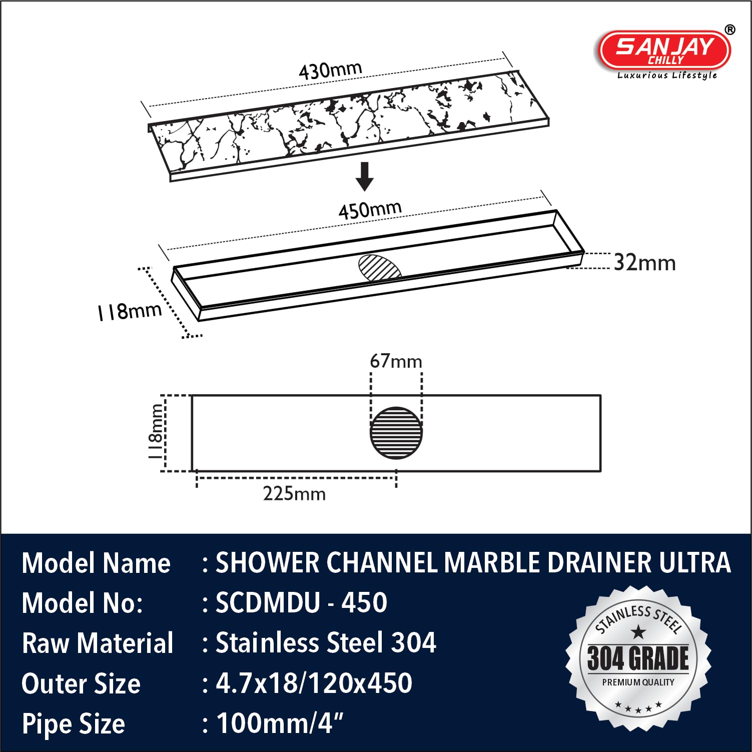 SANJAY CHILLY Shower Drainer Channel Tile Insert Floor Drainer Waste Water Drain Bathroom 304 Stainless Steel with Collar and Cockroach Trap (18x4 INCH) (Center Hole) 1